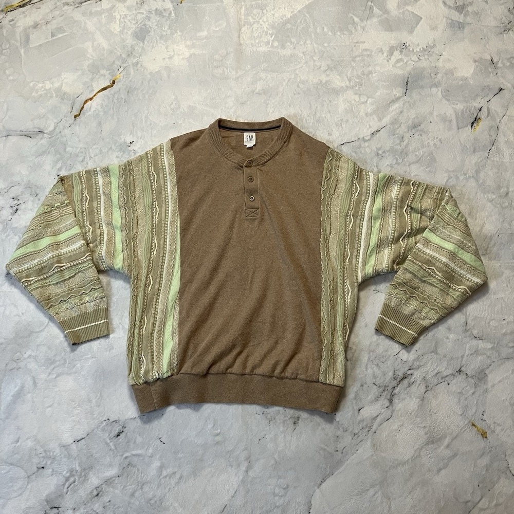 Gap Sweater Mens Size Small Brown Green 3D Sleeve Retro Biggie Drop Shoulder